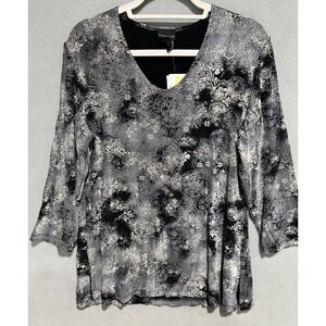 Citiknit‎ Top Womens Large Black White Floral 3/4 Sleeve V-Neck Slinky Knit
